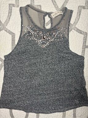 Abercrombie & Fitch Gray Embellished Mesh Yoke Tank